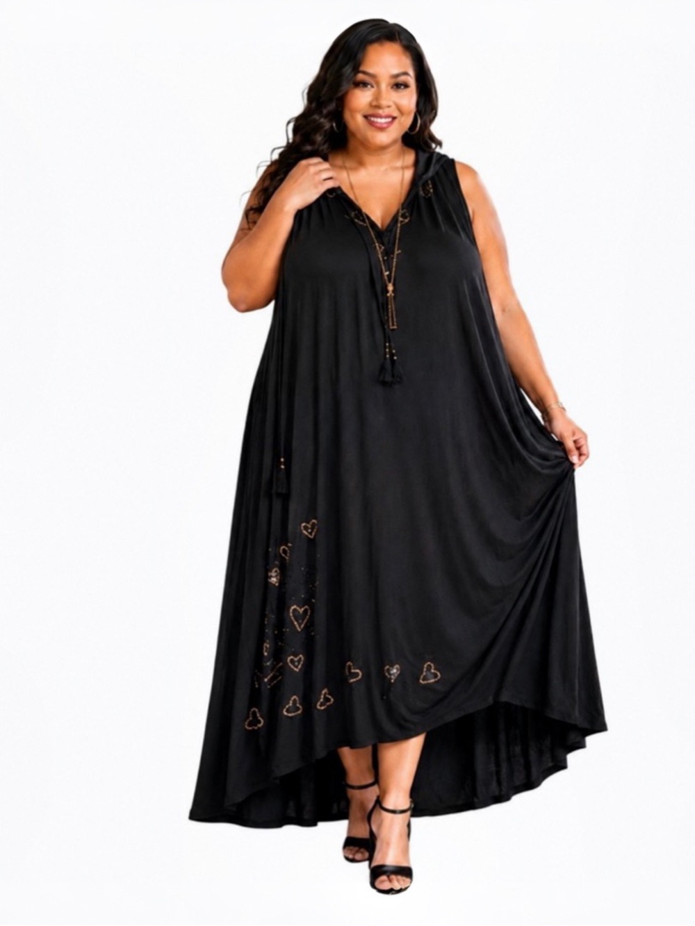 Haute Hippie Black Sleeveless Maxi Dress with Heart Accents and hoodie